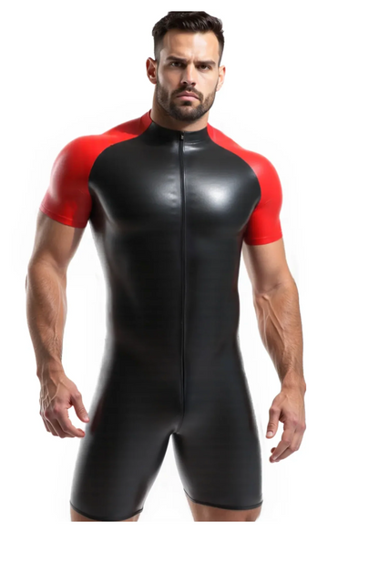 The Premium Black and Red Short Sleeve Leather Suit